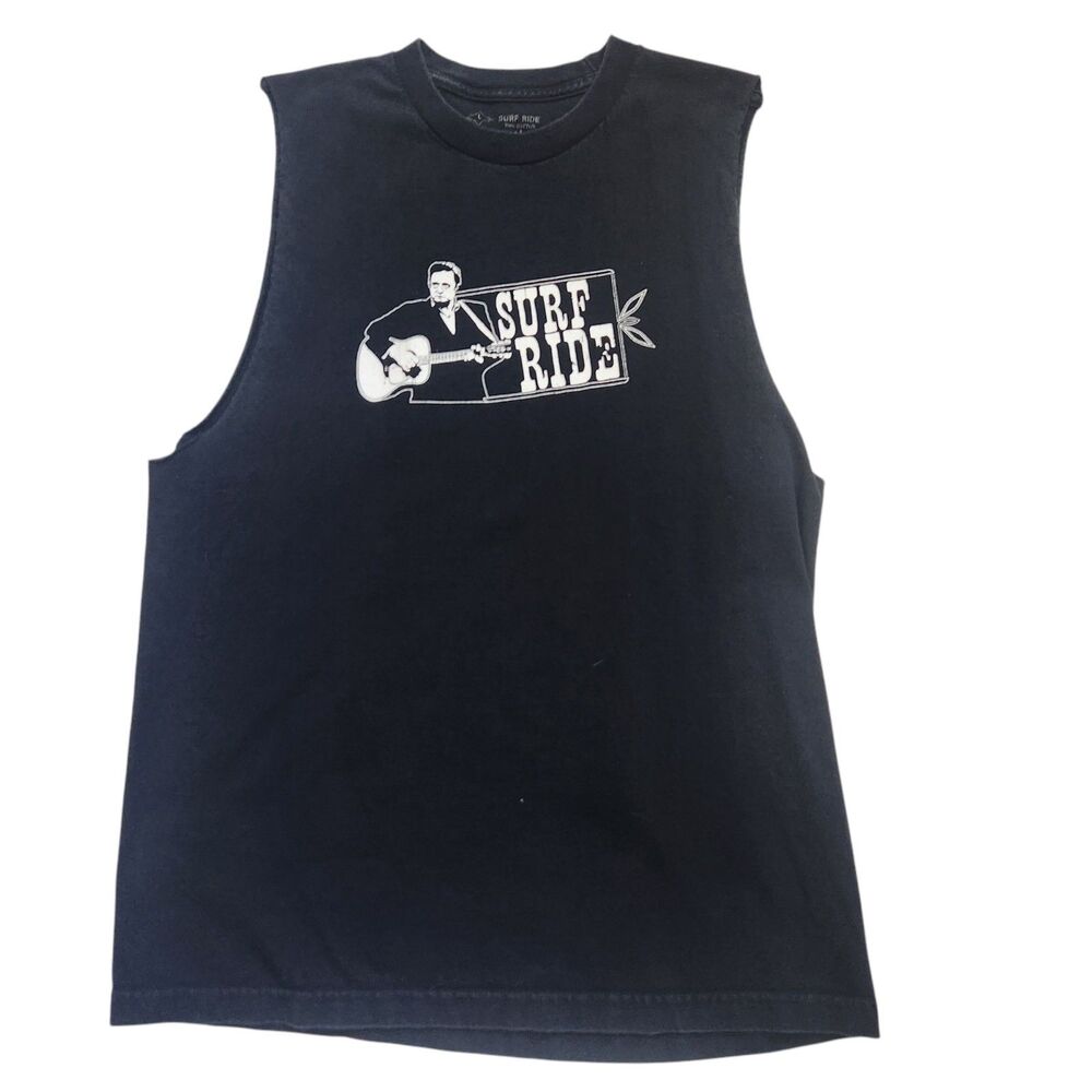 VTG Surf Ride Rockabilly TankTop-Single Stitch-Black-Johnny Cash Style-USA-Adult